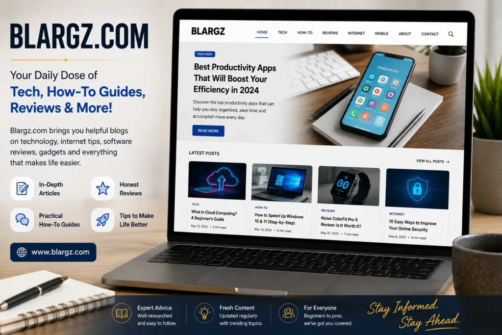 Blargz.com homepage showing finance and business articles