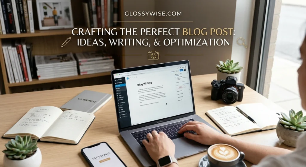 GlossyWise.com website homepage displayed on a laptop screen
