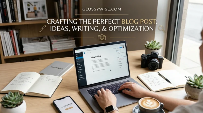 GlossyWise.com website homepage displayed on a laptop screen