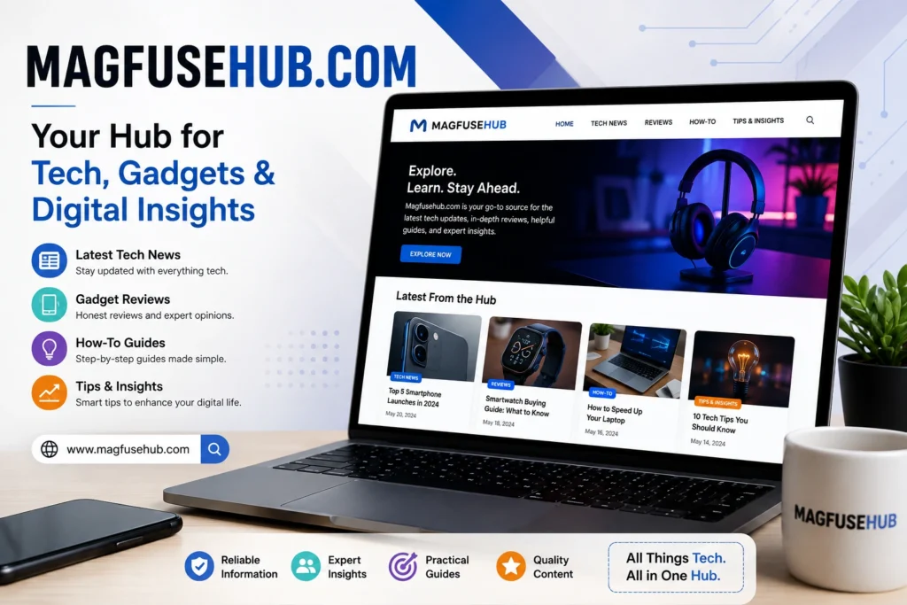 MagFuseHub.com homepage displayed on a laptop screen during website review