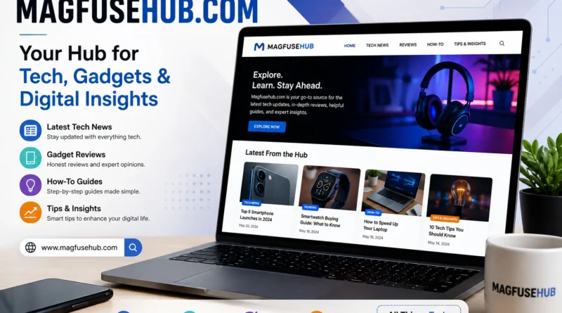MagFuseHub.com homepage displayed on a laptop screen during website review