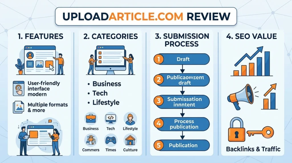 UploadArticle.com Review Features, Categories, Submission Process and SEO Value.
